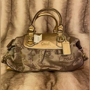 Coach Khaki gold F15653 metallic leather nylon handbag
